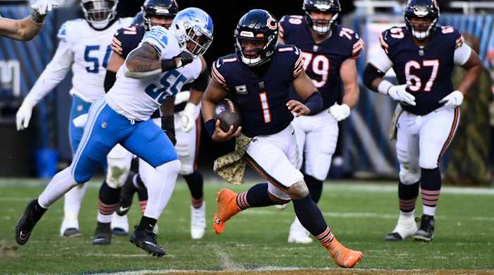 Justin Fields on one of several long runs through the Lions defense in Week 10.